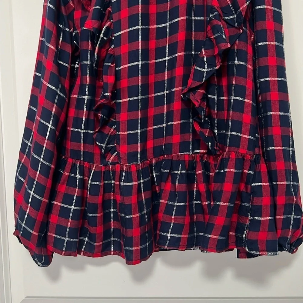 OSHKOSH kids/girls plaid long Sleeve blouse with ruffles on the front size 8